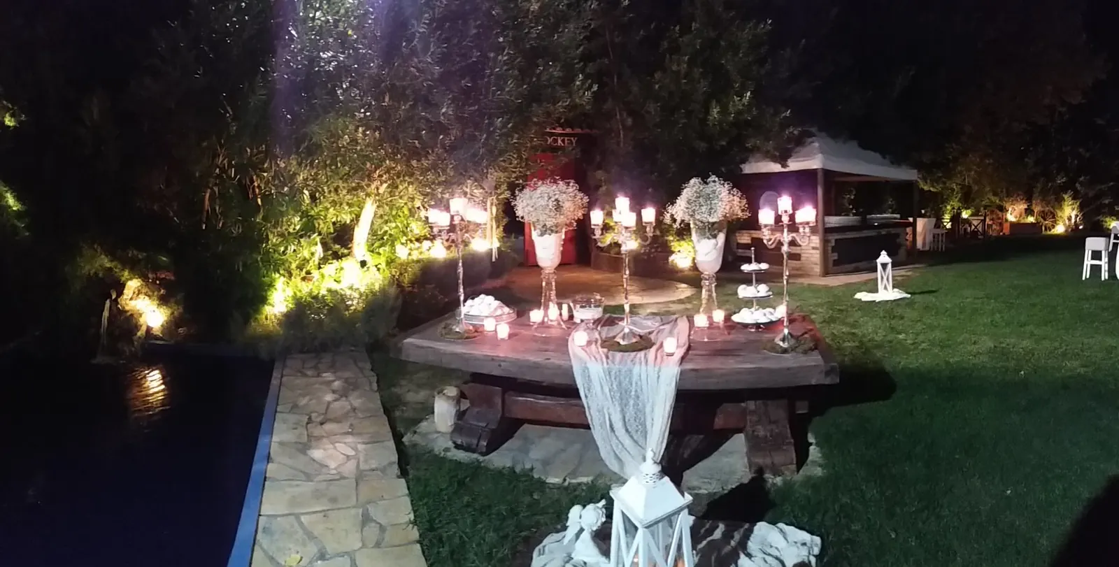 Decorated garden lit at night
