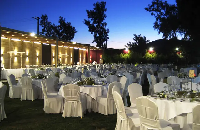 Wedding reception in the garden at dusk