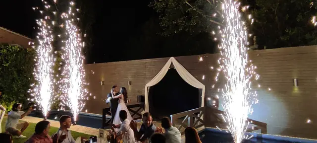 Fireworks and guests at the wedding reception